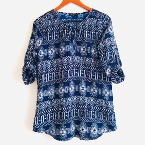 Antilia Femme Tops - Antilia Femme Top S Geometric Printed Blue & White Nautical Tabbed Sleeves